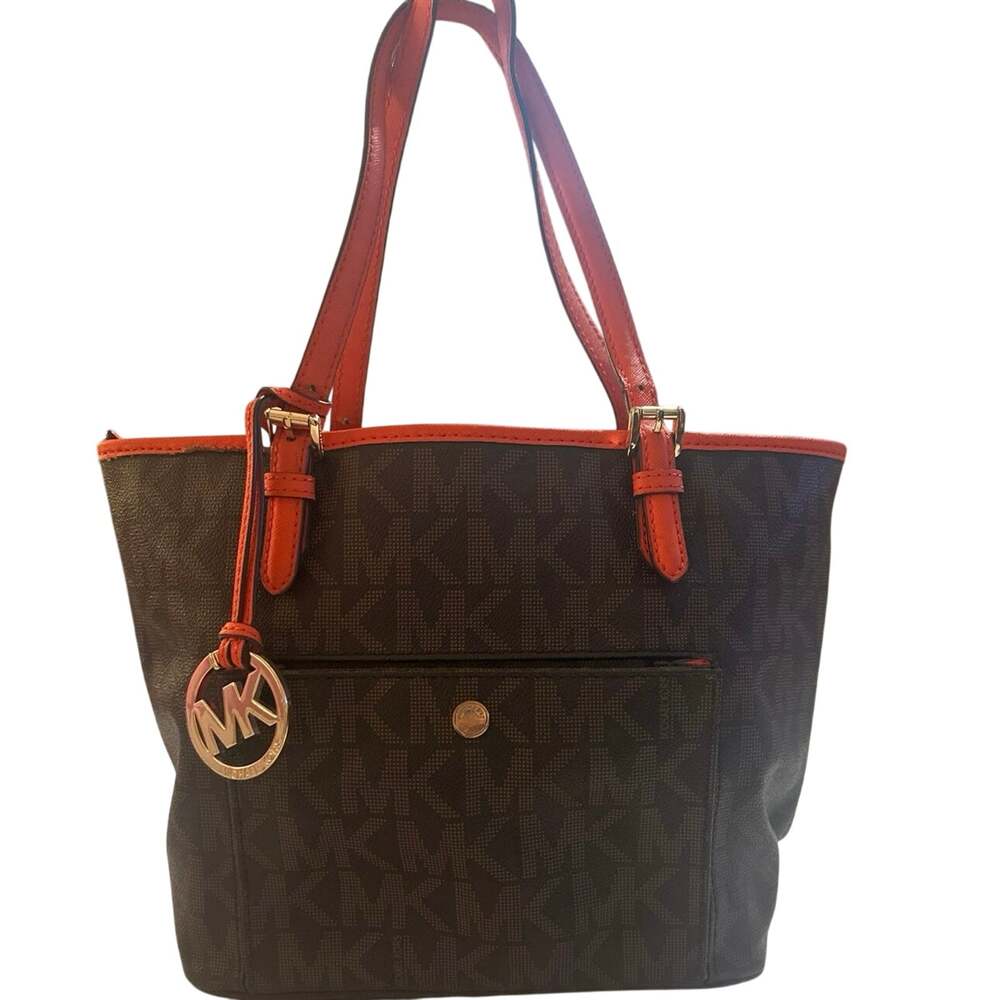 Michael Kors Jet Set Travel Medium snap pocket tote brown with orange accents